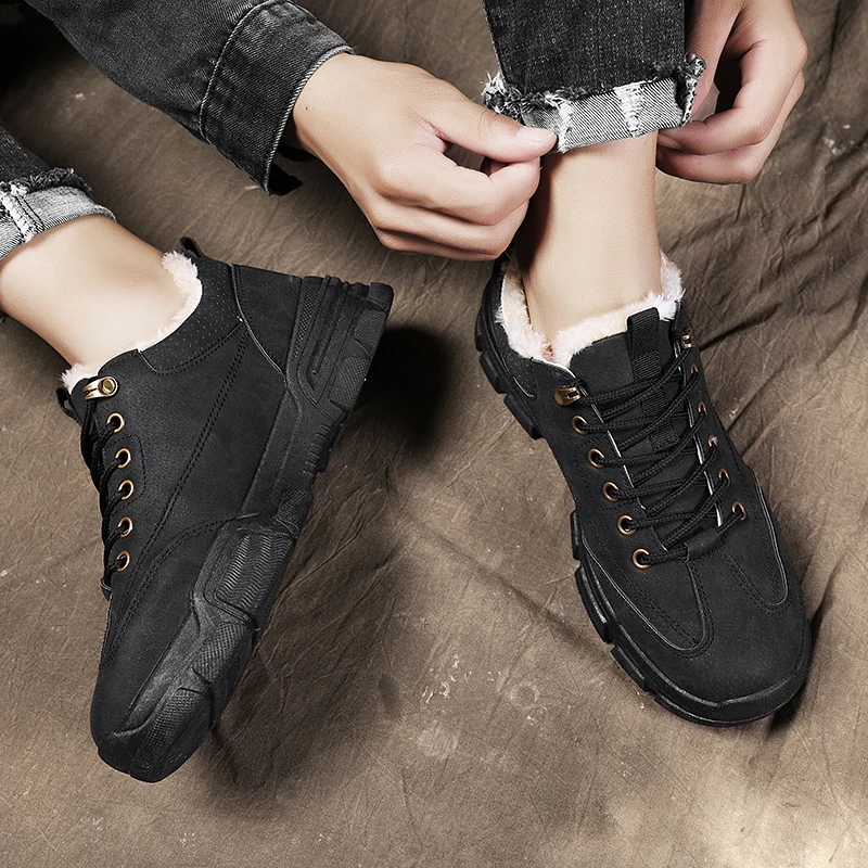 

Winter Plus Velvet Men's Casual Shoes Low-top Thermal Leather Sneakers Fashion Leisure Martin Shoes Black Sports Walking Shoes