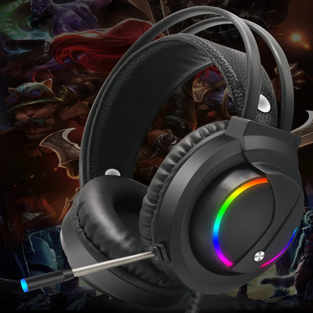 

Gaming Headset with Mic Headphones RGB Light Surround Sound USB Wired Gamer Earphone (Black)