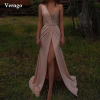 verngo dusty pink long evening dresses mermaid sheer neck shiny beads pleats slit prom gown dubai women special occasion dress