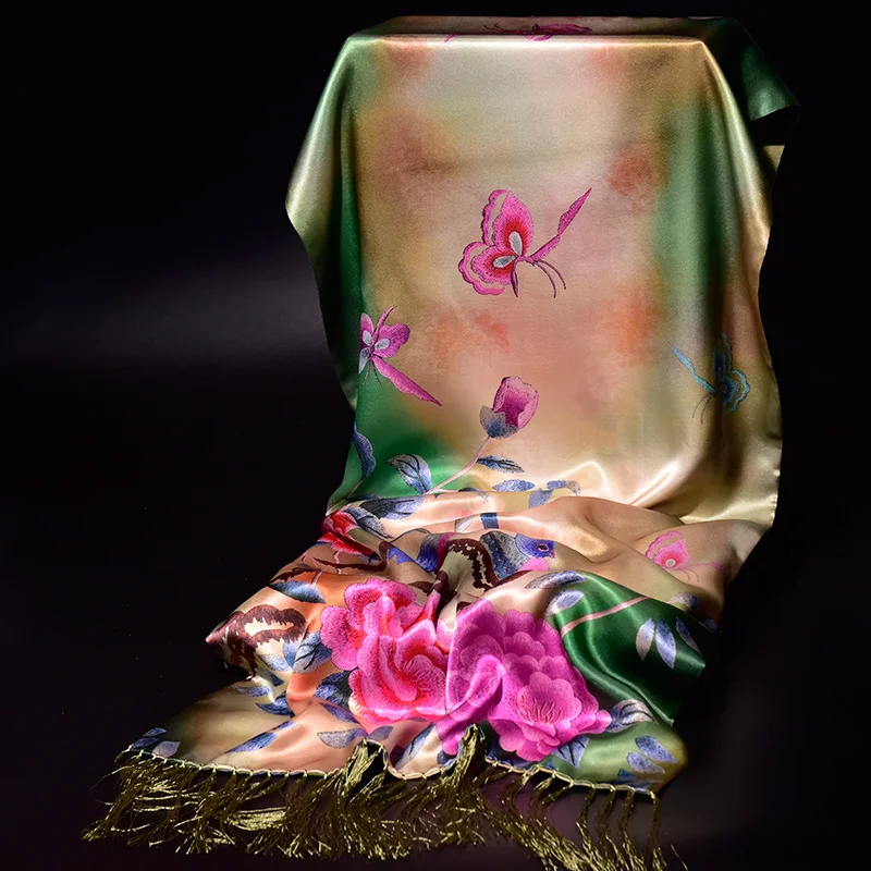 

★Шарф для матери среднего возраста, весенний Шелковый Чонсам с кисточками из шелка, шаль для улицы на весну и осень