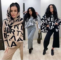 sweater set women tracksuit 3 piece fleece set letter knitted pullover o neck tops large shawl scarf wide leg pant