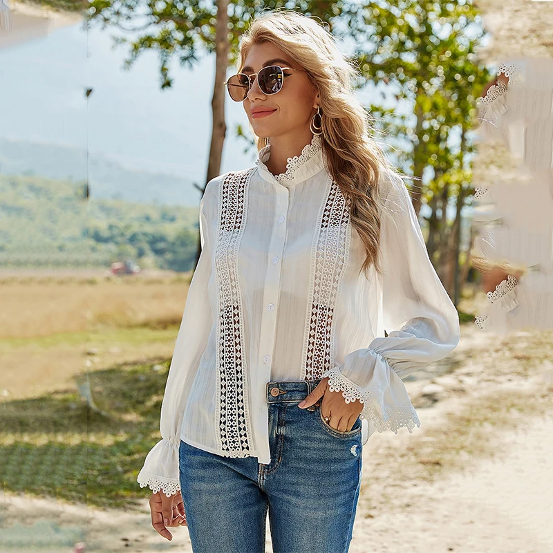 

Sexy White Shirts Women Hollow Out Semi See Through Blouses Trumpet Sleeves Work Shirts Elegant Vintage Female Blouse Spring Top