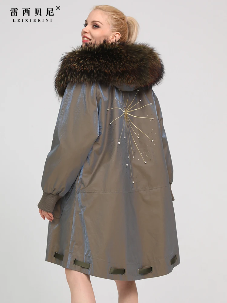

Parka Women's New Korean Style Loose Rex Rabbit Fur Liner Fur Integrated Fur Collar Fur Coat Embroidery women clothes