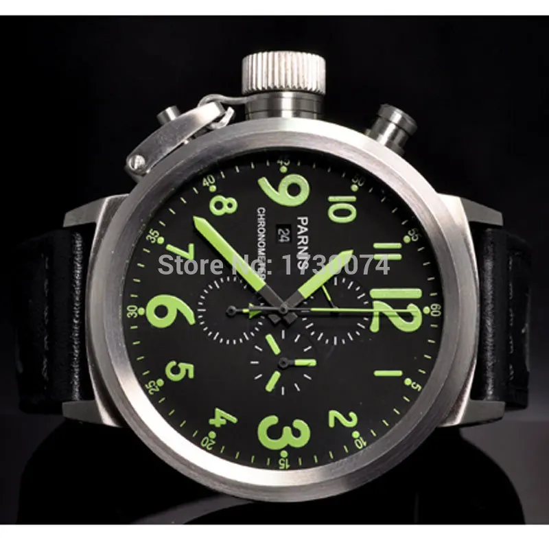 Мужские кварцевые часы с хронографом Parnis водонепроницаемые черным циферблатом и