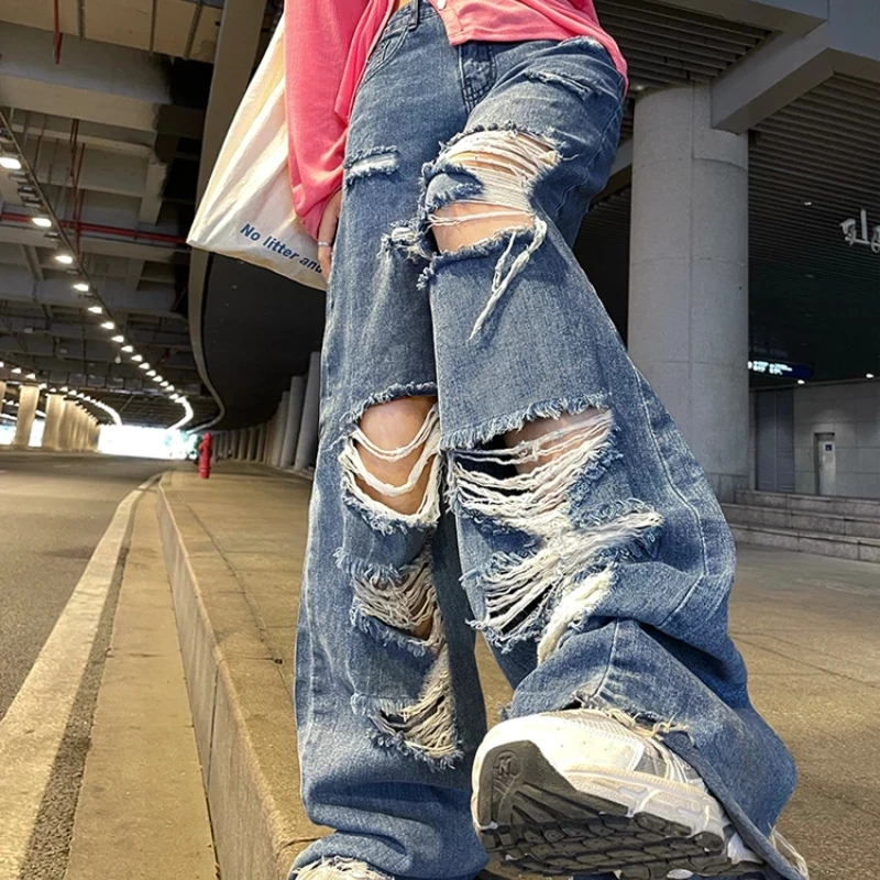 

Spring And Autumn Women Ripped Jeans High Waist Loose Straight Pants Wide Leg Pants Women Jeans Girl Y2K High Street Jeans