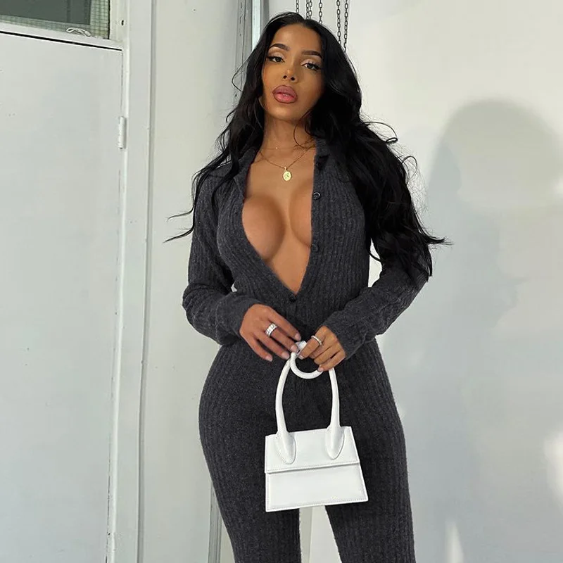 

Autumn Winter Long Sleeve Button Patchwork One Piece Bodysuit Sexy Club Jumpsuits Solid Ribbed Deep V Bodycon Jumpsuit Women
