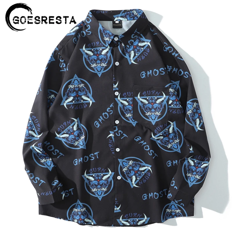 

Мужская рубашка с длинным рукавом, повседневная, в стиле ретро, хип-хоп, уличная одежда большого размера, с принтом дьявола, в стиле Харадзюк...