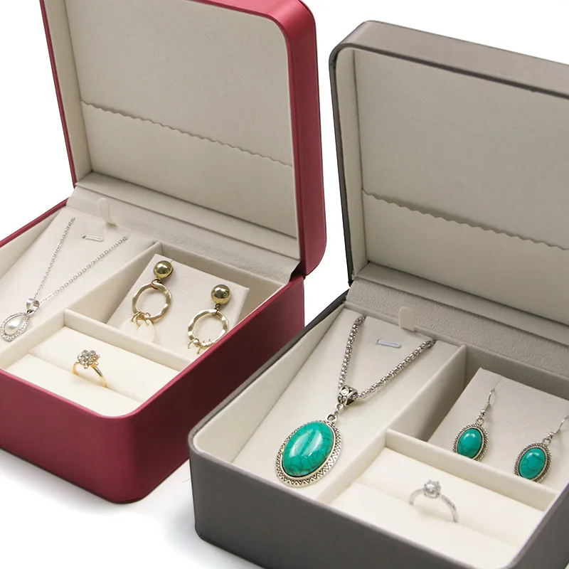 Upmarket Jewelry Set Box Holder Bridal Ring Earrings Necklace Storage Packaging Carrying Case Brushed PU Leather Square Gift Box