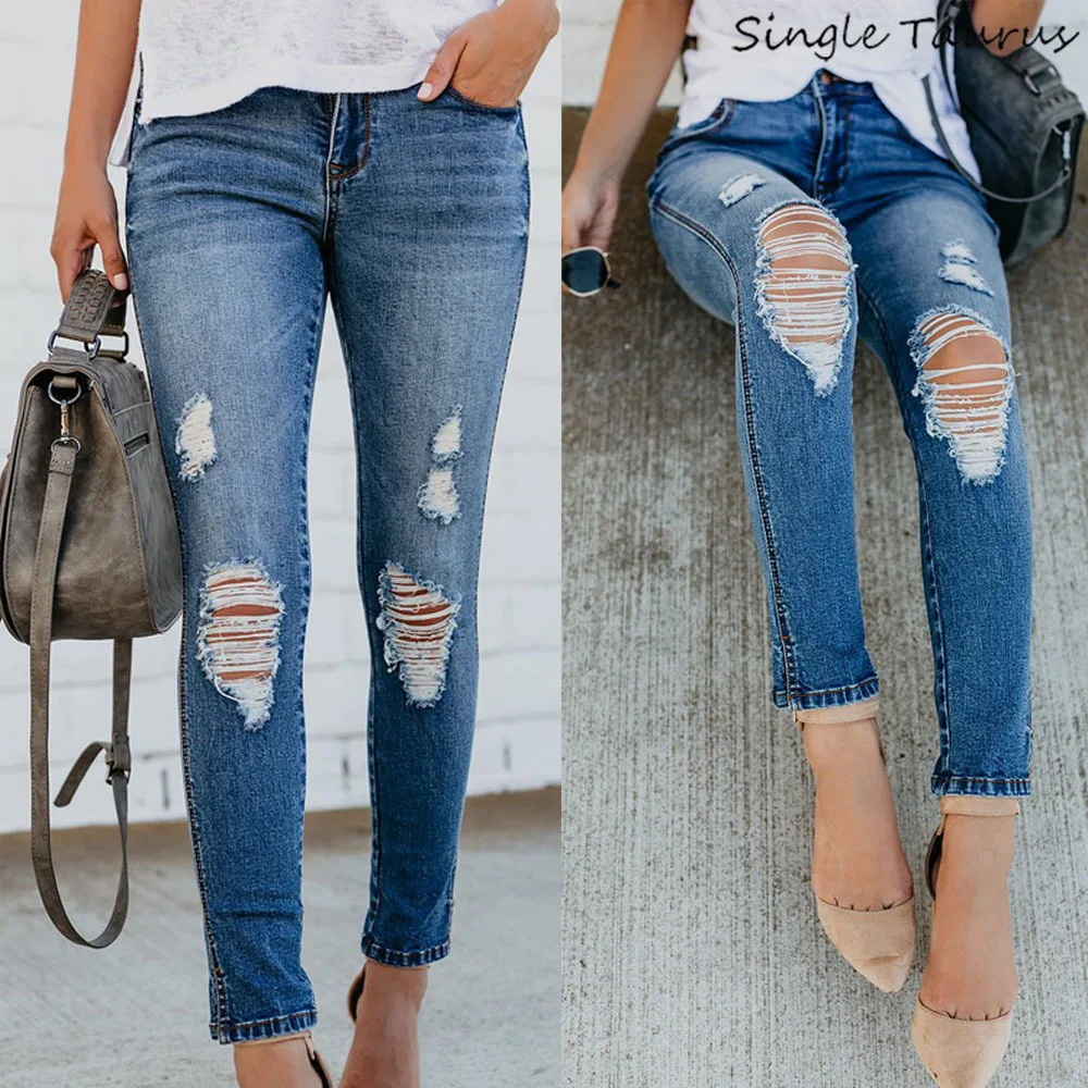 

2021 Spring Slim Jeans Women Fashion Hole Hollow Out Blue Ripped Jeans Bleached Moustache Effect Streetwear Vintage Denim Pants