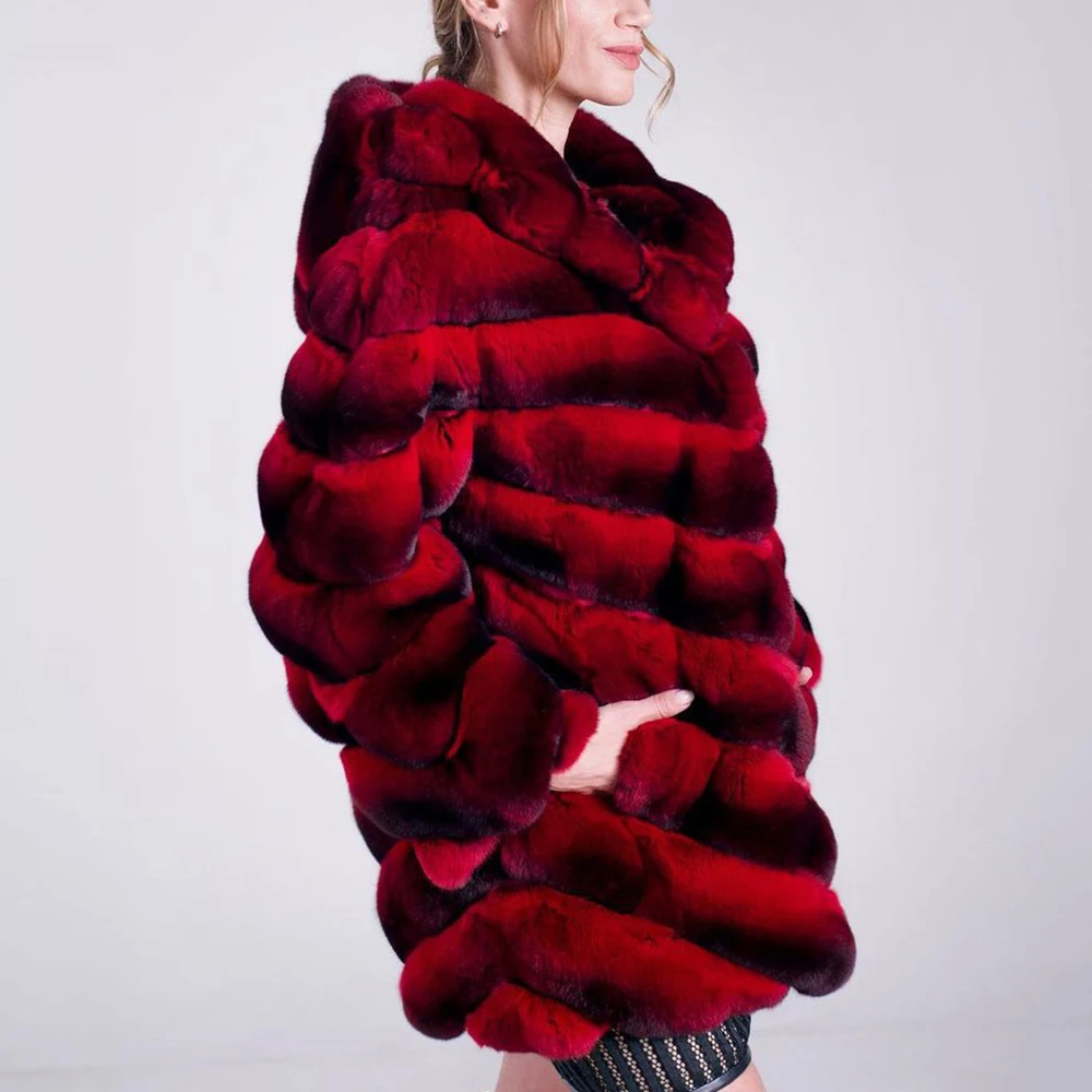 Fashion Women Real Rex Rabbit Fur Coat with Hood Thick Warm Fur Overcoats Winter Trendy Genuine Rex Rabbit Fur Coats Outwear enlarge