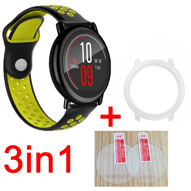 black yellow-white 3в1 Huami Amazfit Stratos pace ремешок Смарт часы силиконовые полосы браслет ремень для xiaomi Huami Amazfit стекло Защита экрана - Цвет: black yellow-white