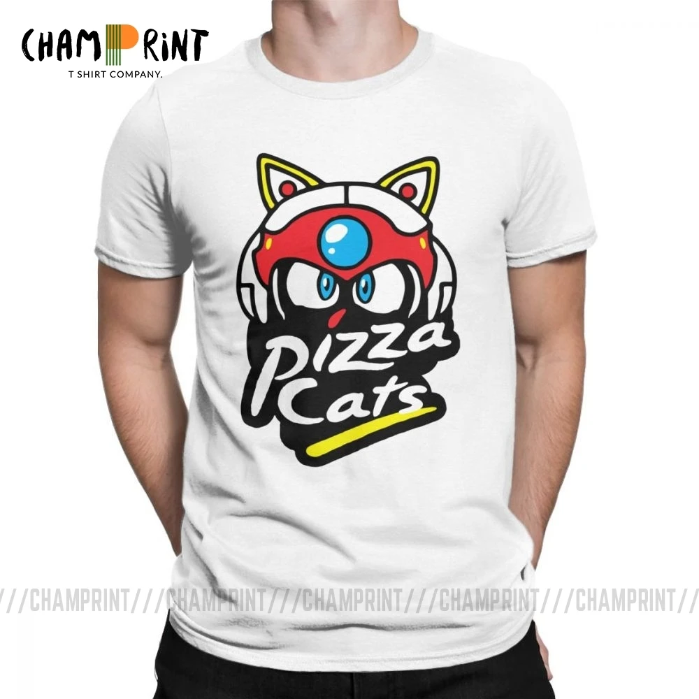 Pizza Cats футболки Для мужчин хлопок Винтаж с круглым вырезом самурайский меч котами