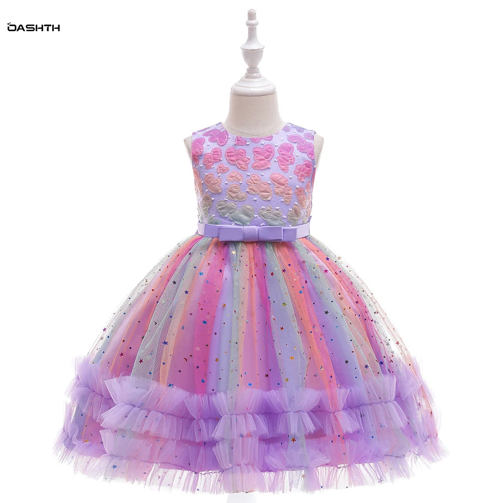 

OASHTH Children's skirt new star sequined princess dress 4T-14T girls tulle embroidered fluffy show dress