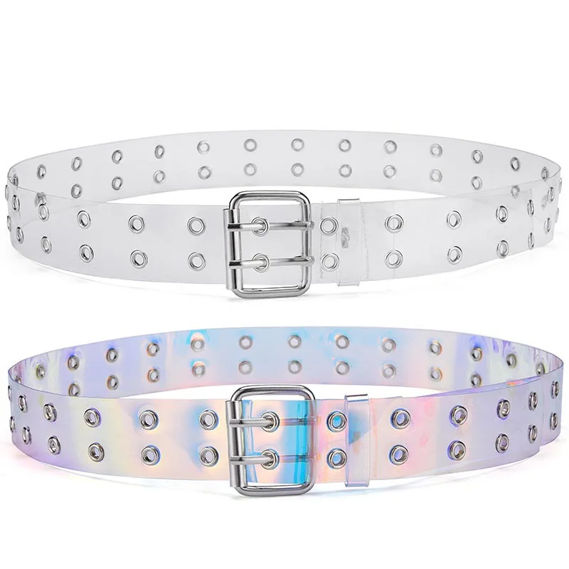 

2021 Two Row PVC Clear Belt For Women Fashion Pin Buckle Female White Waist Trousers Transparent Belts Ladies Jeans Grommet Belt