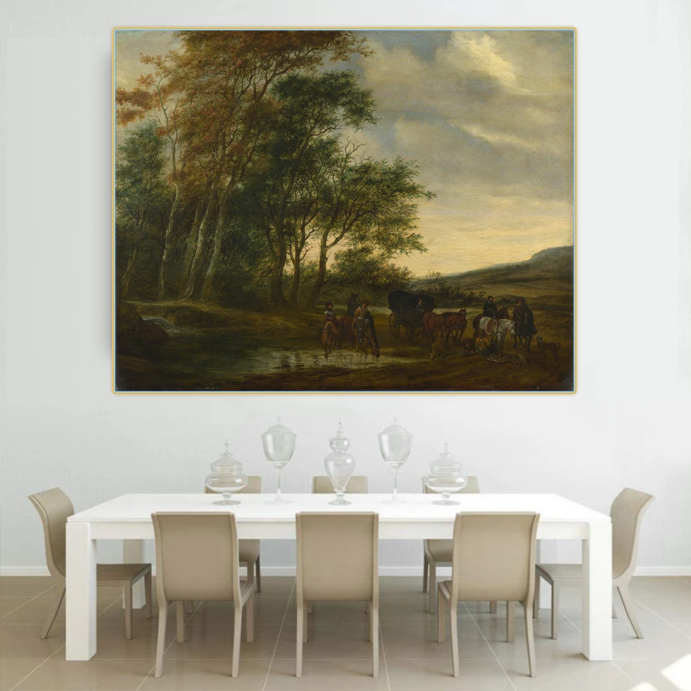 

Картина маслом на холсте, Джейкоб Ван Ruisdael, пейзаж с каретой и хорсеменами у бассейна, декоративный плакат в западном стиле