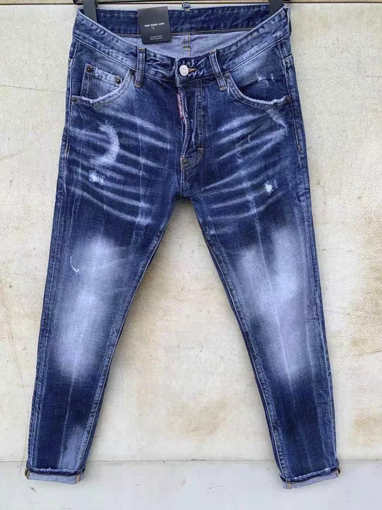 

Men's Quilted Embroidered jeans Skinny Jeans Ripped Grid Stretch Denim Pants MAN Elastic Waist Patchwork Jogging Denim Trousers