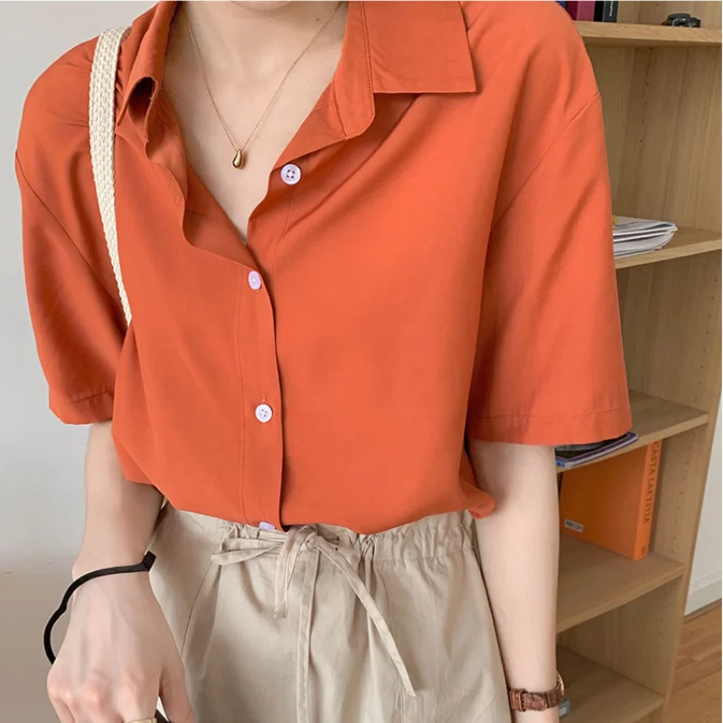 

2021 New Korean Turn-down Collar Short Sleeve Shirt Women Casual Cotton Loose Summer Blouse Streetwear Female Fashion Tops