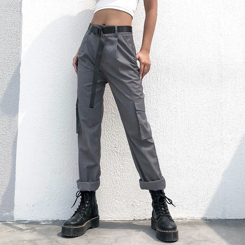 

Women's Cargo Pants Fashion Gray Slim Fit High Waist Pockets Straight Pants 2020 Korean Female Streetwear Pants Twotwinstyle