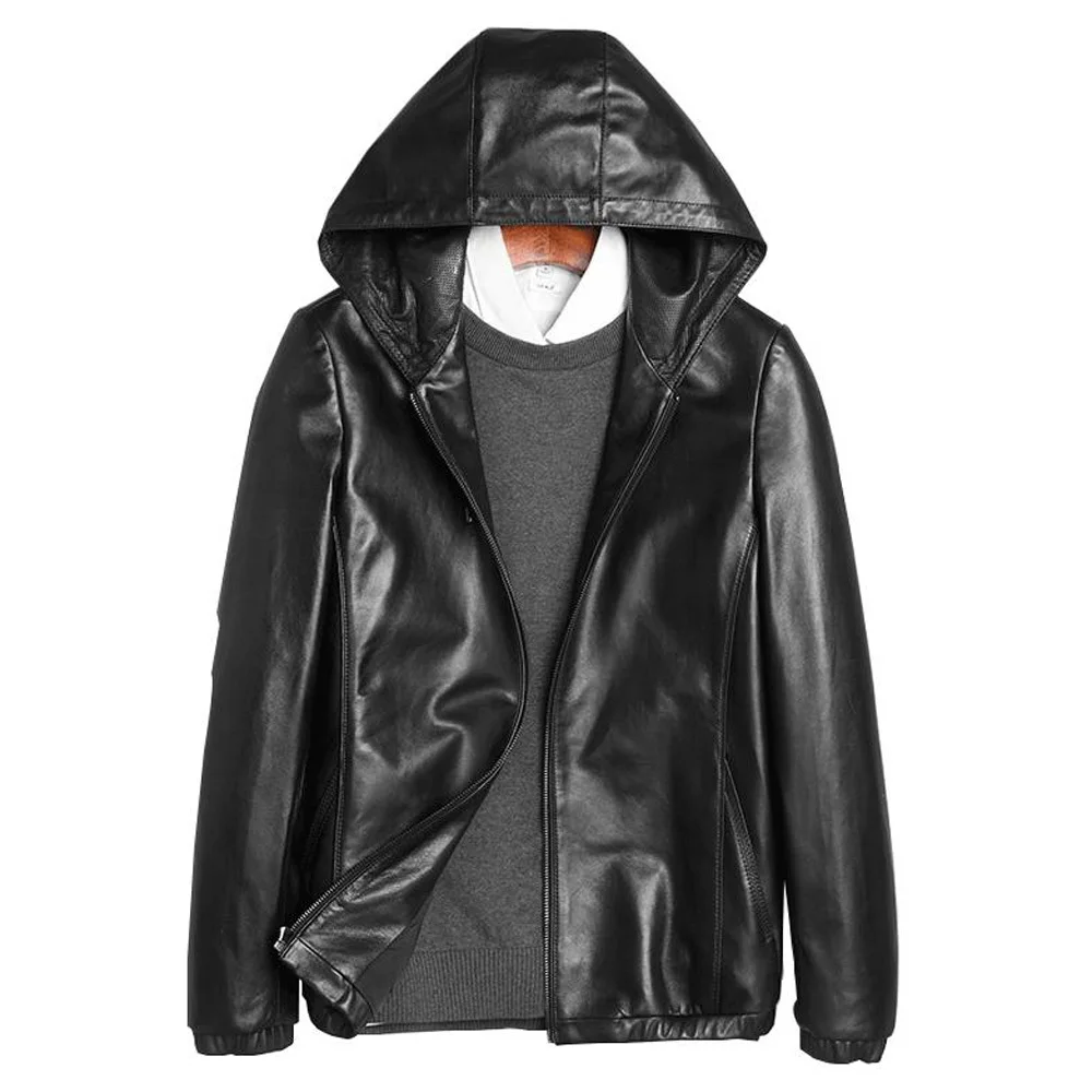 

Sheepskin Hooded Real Leather Coat Male Casual Leather Coat Man Spring Real Leather Jacket Sheepskin Hooded Outwear