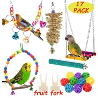 hot 17 pcset bird parrot swing toy hanging bell ladders climbing chewing hanging toy bird fruit fork bird accessories birds toy