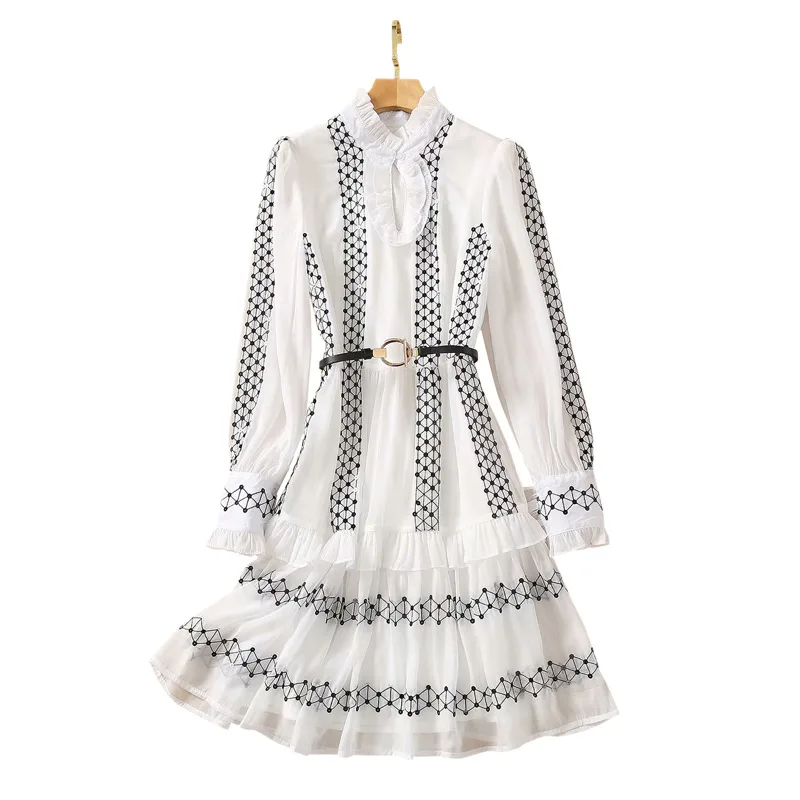 

Черно-белое Элегантное летнее платье с геометрическим рисунком и блестками, платье-трапеция до колена с оборками на воротнике и длинным рук...