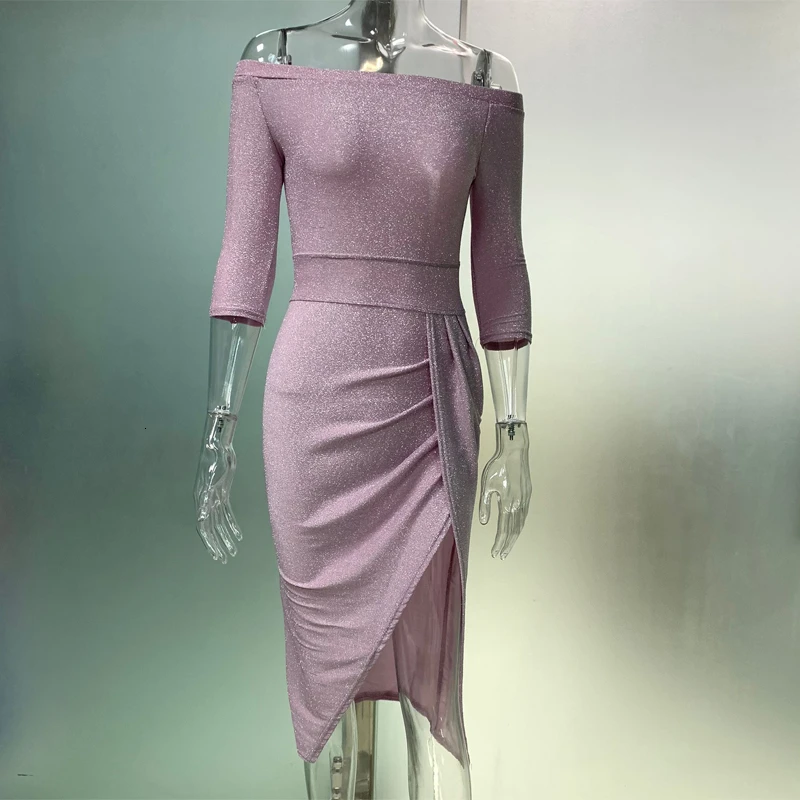 BUENOS Sexy Off Shoulder Party Dress Women High Slit Peplum Bodycon Autumn Three Quarter Sleeve Bright Silk Shiny | Женская одежда