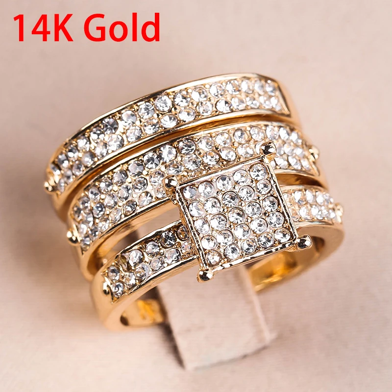 Роскошные свадебные кольца золотого цвета Полный хрусталь циркон камень кольцо