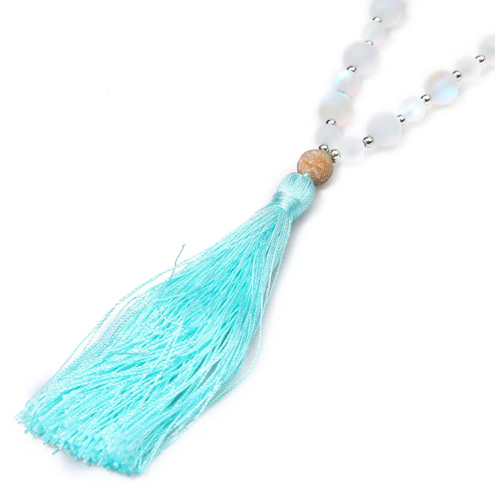 

8MM Natural Stone Handmade Beaded Tassel Meditation Yoga Blessing Amulet Pendant Moonstone Necklace