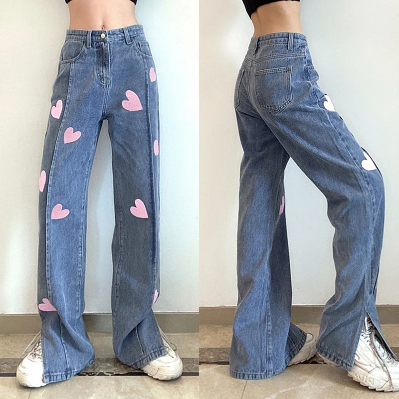 

Women's Trousers, Three-Dimensional Lines, Drape, Love Printing, Denim Straight-Leg Pants, Women's Trousers, Blue