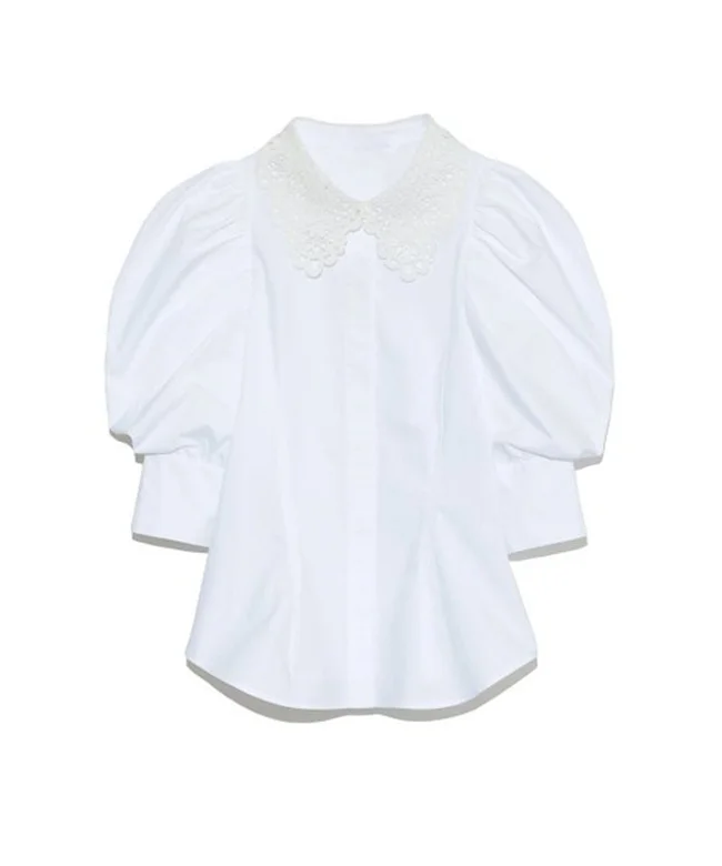 

New Vintage Chic Lace Hook Flower Peter Pan Collar Blouse 2021 Spring Puff Sleeve Women Shirts Solid Sweet Blusas