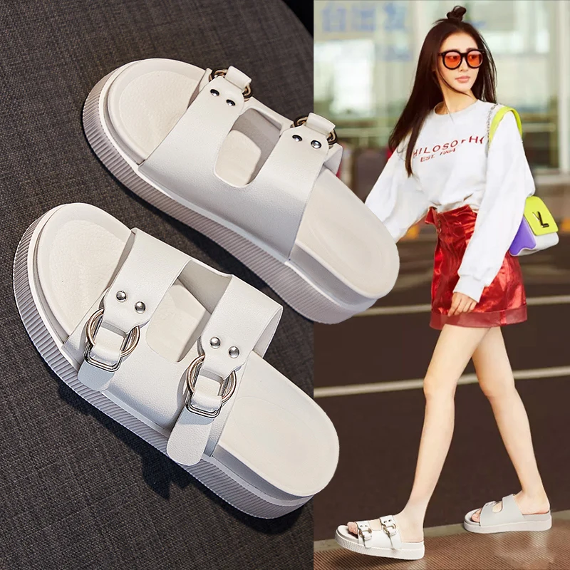 

Тапочки Женские однотонные с открытым носком, роскошные модные пикантные туфли на плоской подошве, украшение с двойной пряжкой, лето 2021