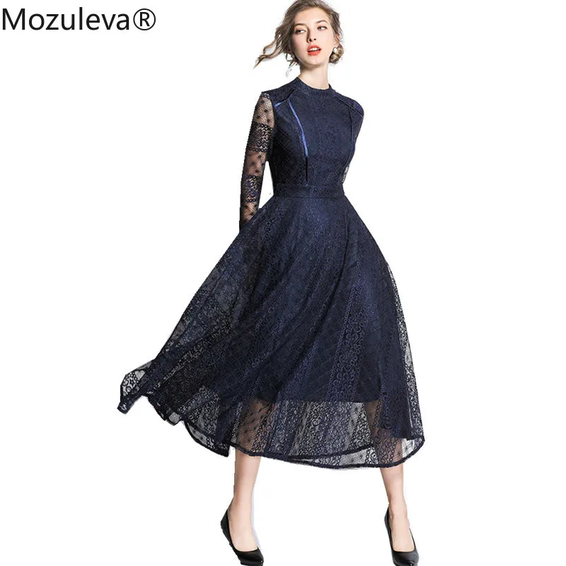 Женское ажурное платье Mozuleva дизайнерское темно синее кружевное с длинным