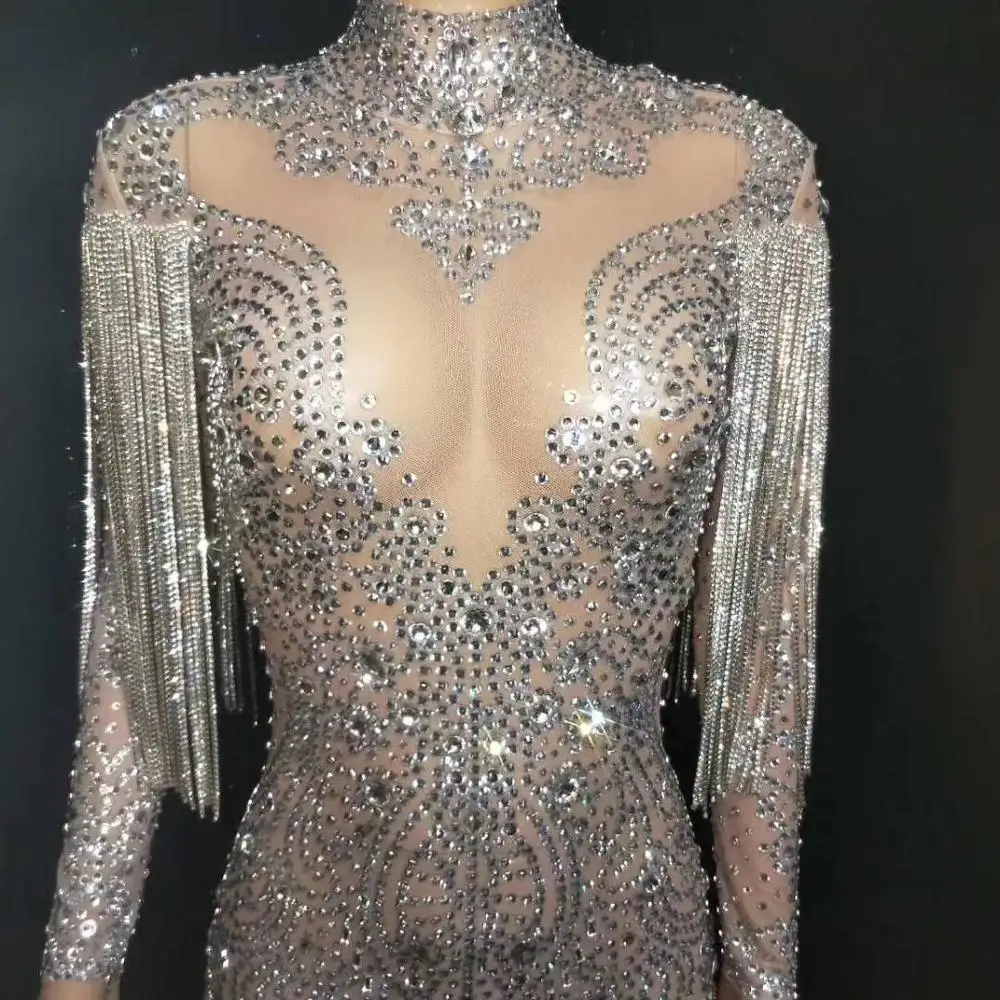 Новинка 2020 женское сексуальное Сетчатое платье с серебряными кристаллами