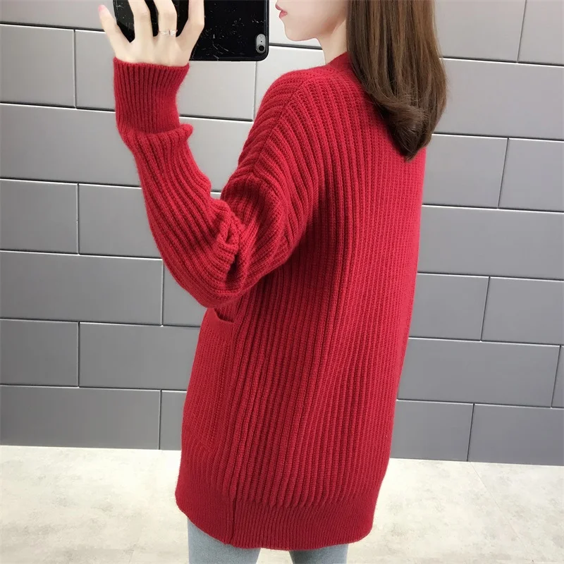 Женский однотонный кардиган с V образным вырезом однобортный трикотажный