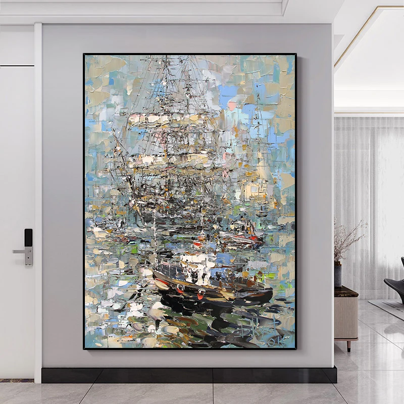 

Hand-Painted Oil Painting 3D Abstract Triumph Sailboat Voyage Navigation Wall Art for Kids Bedroom Living Room Decor No Framed