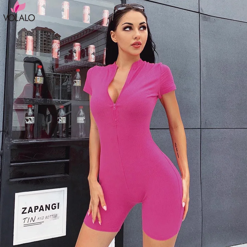 

VOLALO V-neck Zipper Romper Women Summer Clothes Summer Short Sleeve Rompers Fashion Playsuits Streetwear Elastic Hight Female
