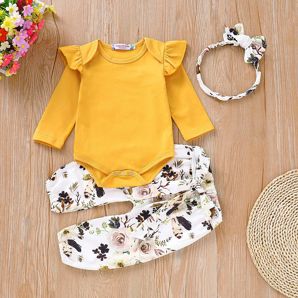 

3Pcs Newborn Baby Girl Clothes Set Spring Autumn Long Sleeve Solid Color Romper Tops Pants Headband Infant Clothing Outfits