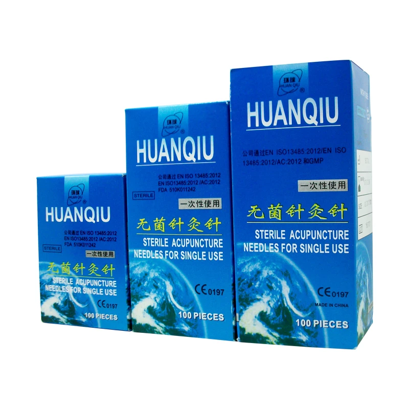 100 иголок для акупунктуры Huanqiu с трубкой, одноразовые, стерилизованные, из нержавеющей стали с плоской ручкой и трокаром.
