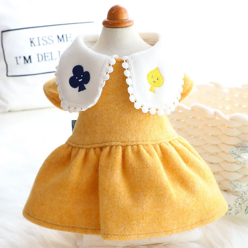 Одежда для собак и щенков на осень зиму желтое шерстяное платье с игральными