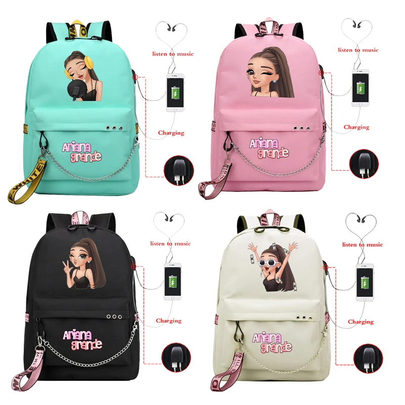 

Рюкзак Ariana Grande, школьный ранец, женский рюкзак, дизайнерский рюкзак с USB, школьные сумки, рюкзак для книг