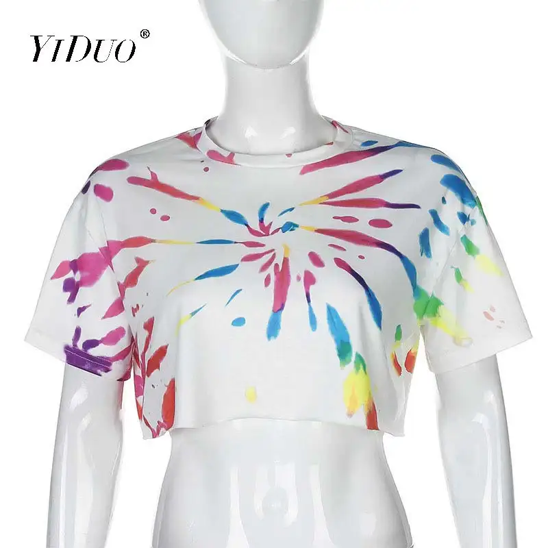 

YiDuo Tie Dye Graffiti Women T Shirt Harajuku Short Sleeve Fashion Crop Top Casual Summer Tops Lady Sexy Tshirt Streetwear 2020