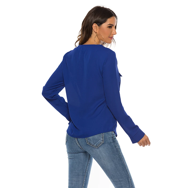 

Casual women's Tops Fashion Elegant Solid Color Long Sleeve Zipper V Neck Pocket Blouse Chiffon Loose Blouse