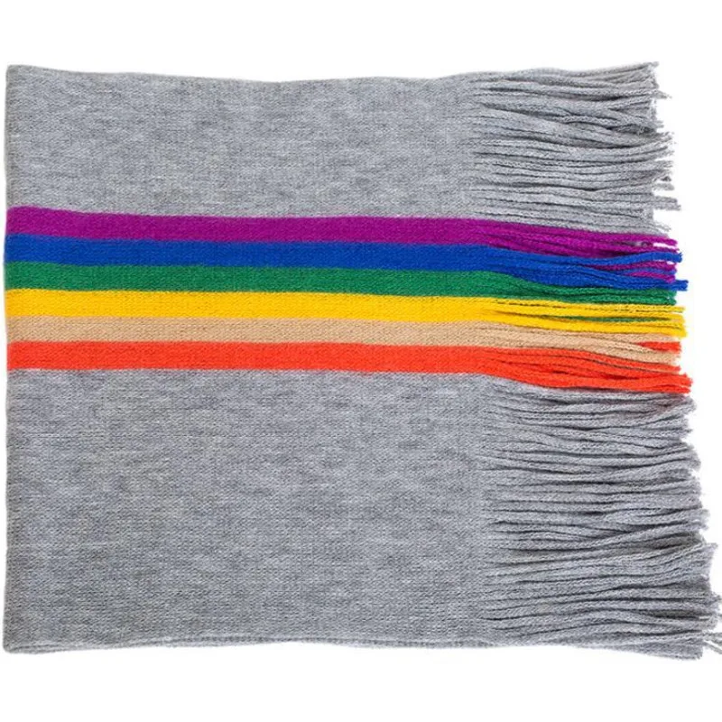 Широкий Радужный шарф женский зимний теплый вязаный кашемировый в полоску