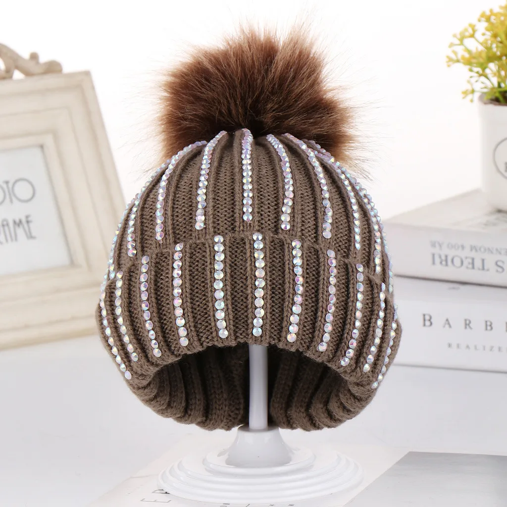 Children Baby Hats Rhinestone Keep Warm Winter Fur Ball Beanies Caps High Quality Knitted Wool Hemming Hat Girls Boys Cap | Детская