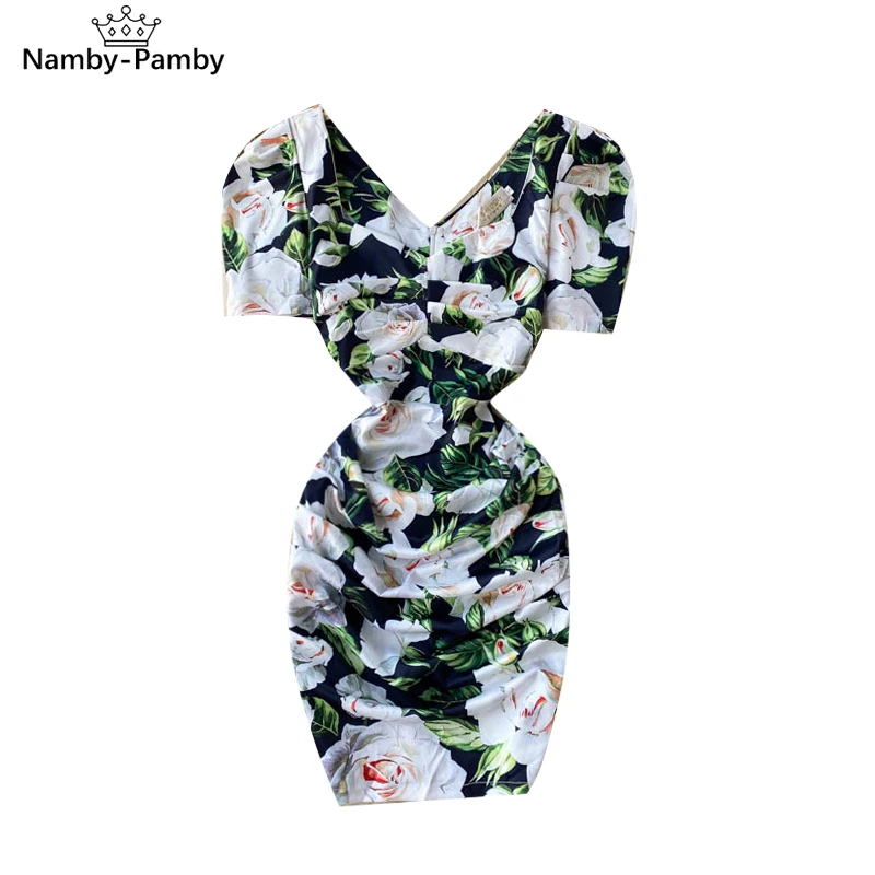 

2021 Temperament Fashion Spring New Vestidos Female Pleated Slim V-neck Print Bag Hip Mini Dress C230