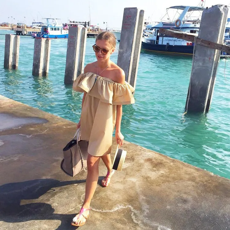 Женская туника с открытыми плечами Boho Сексуальная мини-рубашка оборками на