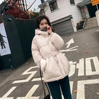 winter hooded puffer jacket women korean solid color parka with belt thicken warm cotton padded coat elegant outwear office lady