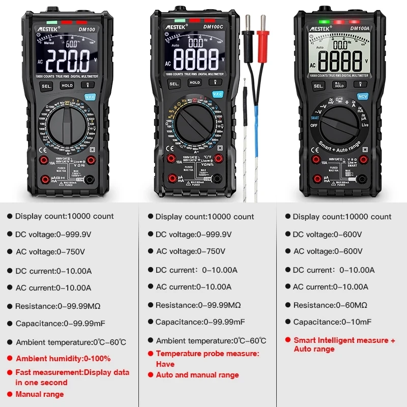 MESTEK DM100C True-RMS Digital Multimeter Button 10000 Count With Analog Bar Graph AC/DC Voltage Ammeter Current Ohm manual/auto