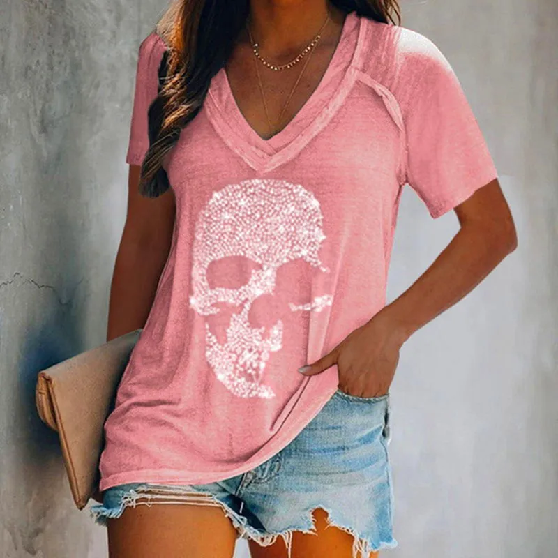 

2021 New Summer Skull Casual Loose Short-Sleeved Deep V-Neck Pullover T-Shirt