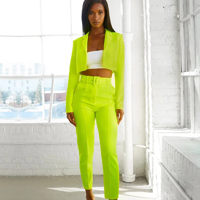 Yissang Two Piece Set Tops And Pants Summer Green Turn-down Collar Cropped Tops And Sashes Pockets Pants Sexy Women Set